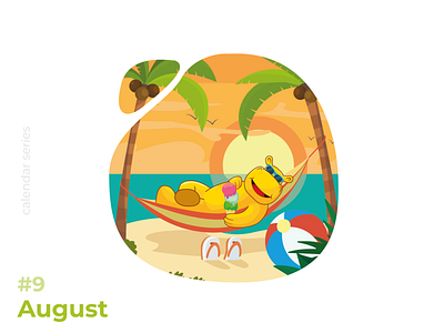 Summer illustration beach calendar cocktail hammock hippo illustration palm trees sand sea sunset