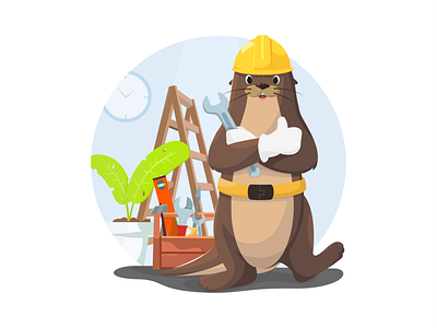 Worker in a helmet assistant breaking flat for the app helmet home illustration otter stepladder tool box worker