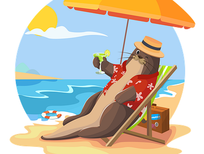 Beach, sea, sun lounger chill illustration otter rest