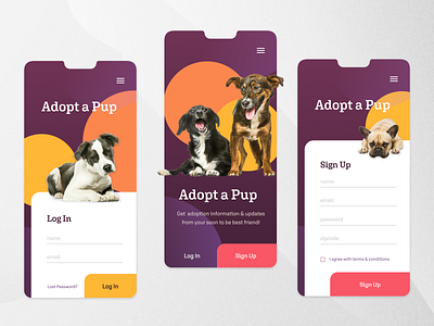 Adopt a Pup adoption affinitydesigner app colorful concept dailyui design dog figma login mobile modern ui