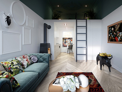 Small apartment 3d cinema4d design green ideas interior pray simple design small visualisation white wooden