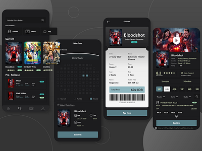 Bioskop Booking App app app concept app design black blue cinema clean design e commerce ios minimal mobile movie movie booking redesign ui white yello