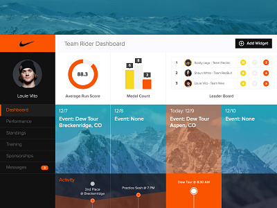 Nike Snowboarding app dash dashboard design home layout nike snowboard snowboarding ui web widgets