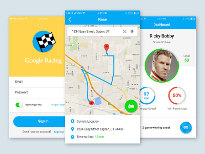 Terrible App Idea Design: Google Racing android app design google ios login map navigation search stats ui ux