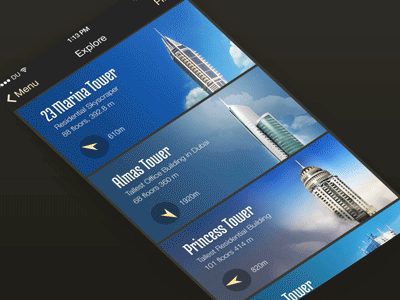 App for tourists in Dubai animation app application cards dubai ios mobile skyscraper tourist uae ui wip