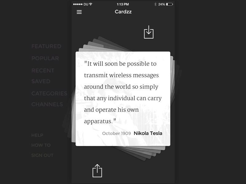 Quote and menu interaction in free Cardzz iOS UI Kit
