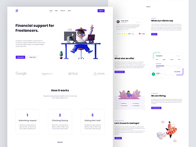 Fundup - Home page 3d 3d ilustration art blue cold figma finanace freelance freelancer fund funding fundraising happy illustrator poppins purple support ui ux web