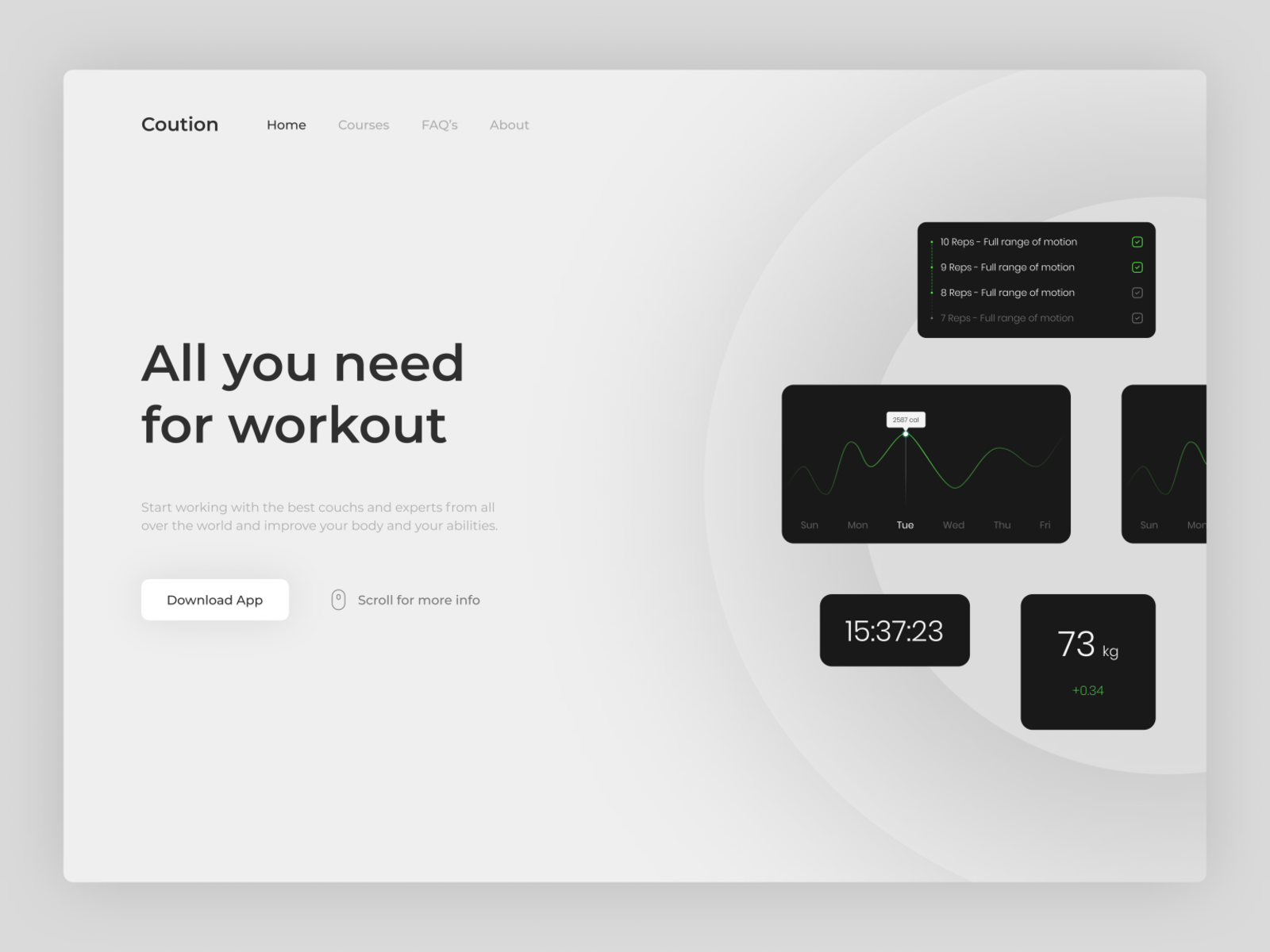 Coution website - Version 1 analytics beauty body chart design digital figma font grey gym illustration minimal numbers popular sport sports spot illustration typography white whitespace