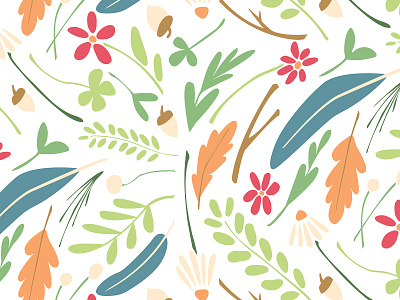 Meadow Scatter Pattern - Large acorn feather flower floral forest illustration illustrator leaves meadow pattern repeating vector