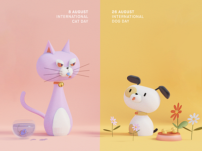 August 8th/26th: International Cat/Dog Day 3d blender cat character design dog epicdays illustration