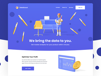 Datascout - Concept Landing Page 3d analytic blue business colors data design illustration join landing profit signup startup ui uidesign uiux vector website websites yellow