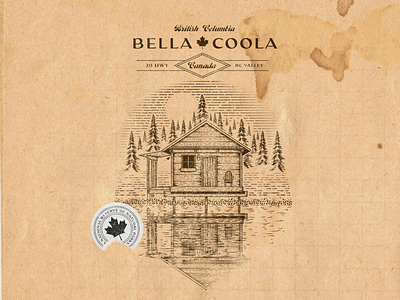 Bella Coola branding cabin canada engraving handmade illustration lake line art logo sticker travel vector vintage woods