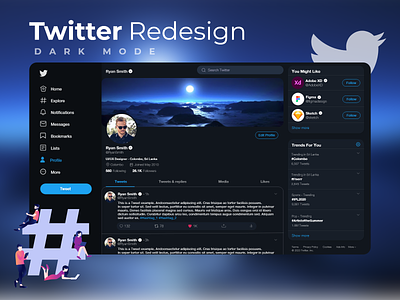 Twitter Redesign - Dark Mode adobexd dark dark mode redesign twitter ui ui design ui ux xd