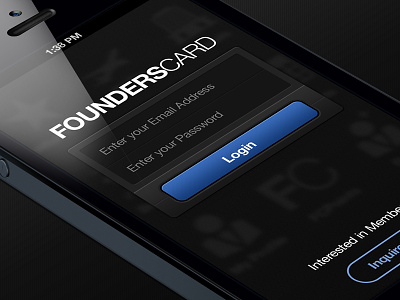FoundersCard Login Screen 2x app black blue clean dark grey grid icons interface ios iphone login render retina screen ui