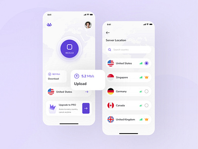 VPN App UI app app design clean interface internet kit mobile modern network private purple ui ui design ui ux ui8 ux ux design virtual vpn vpn app