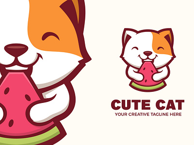 Cute Cat Eating Water Melon Mascot Logo