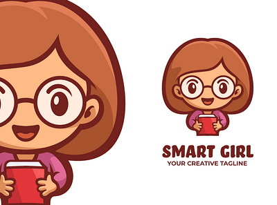 Smart Girl Mascot Logo book cartoon colege company cute design esports game girl glasses illustration logo mascot school smart study university vector women