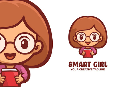 Smart Girl Mascot Logo book cartoon colege company cute design esports game girl glasses illustration logo mascot school smart study university vector women