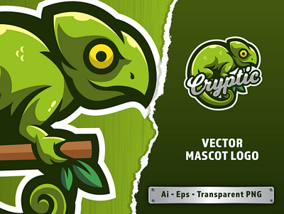 Cryptic Mascot Logo animal brand branding cartoon chameleon character cute design esports game green iguana illustration logo mascot twitch ui ux vector zoo