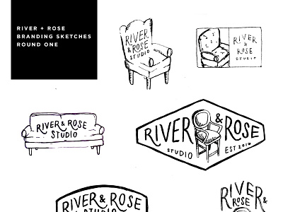 River & Rose Preliminary Logo Sketches badge branding chair furniture identity illustration logo sofa