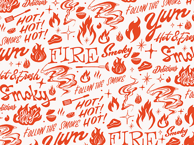 Pattern branding fire illustration lettering restaurant smoke