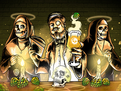 DOCTOR AND NUN MAKING A RITUAL beer bibble dark darkart doctor graphicdesign illustration nun ritual satan skull