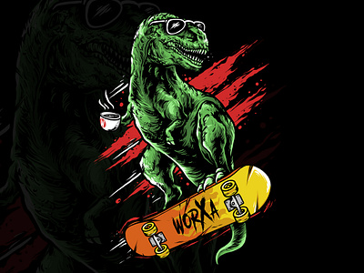 T-REX SKATEBOARDING WITH CUP OF COFFEE coffee darkart design graphic design holiday illustration skateboard t rex