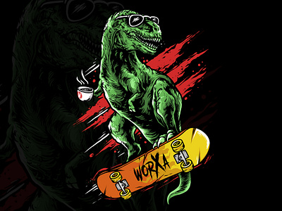 T-REX SKATEBOARDING WITH CUP OF COFFEE