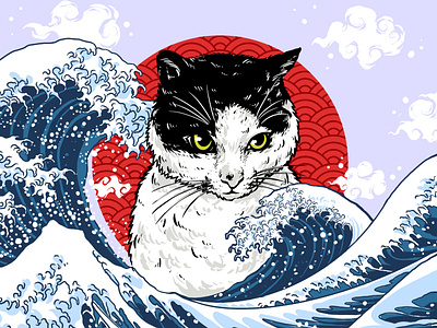 japanese wave and cat monster branding cat darkart design graphic design illustration japanese logo sky wave