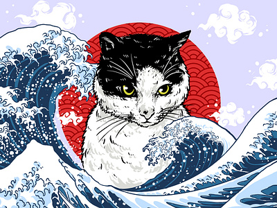 japanese wave and cat monster