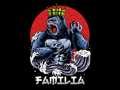 gorilla king and japanese wave branding darkart design gorilla graphic design illustration japanese king logo skull wave
