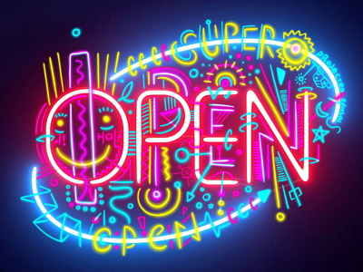 Super OPEN! appareal bright color graphic illustration neon open sign