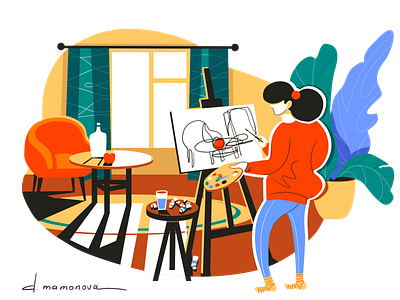 The artist art artist bright cartoon character colourful flat flat illustration girl home illustration interior painter painting room stayhome vector