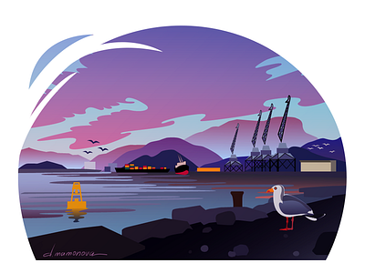 The seaport adobe illustrator art colourful dusk flat illustration landscape port sea sunset twilight vector