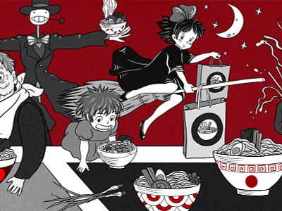 Umami 4 anime art cafe design flat illustration kiki miyazaki mural noodles print ramen wall wallpaper