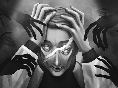 Psychosis02 anxiety art black and white character dark depression desperation dissociation fear illustration mind psychosis retrofuturism shadow story