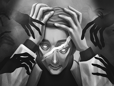 Psychosis02 anxiety art black and white character dark depression desperation dissociation fear illustration mind psychosis retrofuturism shadow story