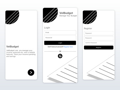 VelBudget Auth app app design budget app design figma flutter login minimal onboarding register signup ui