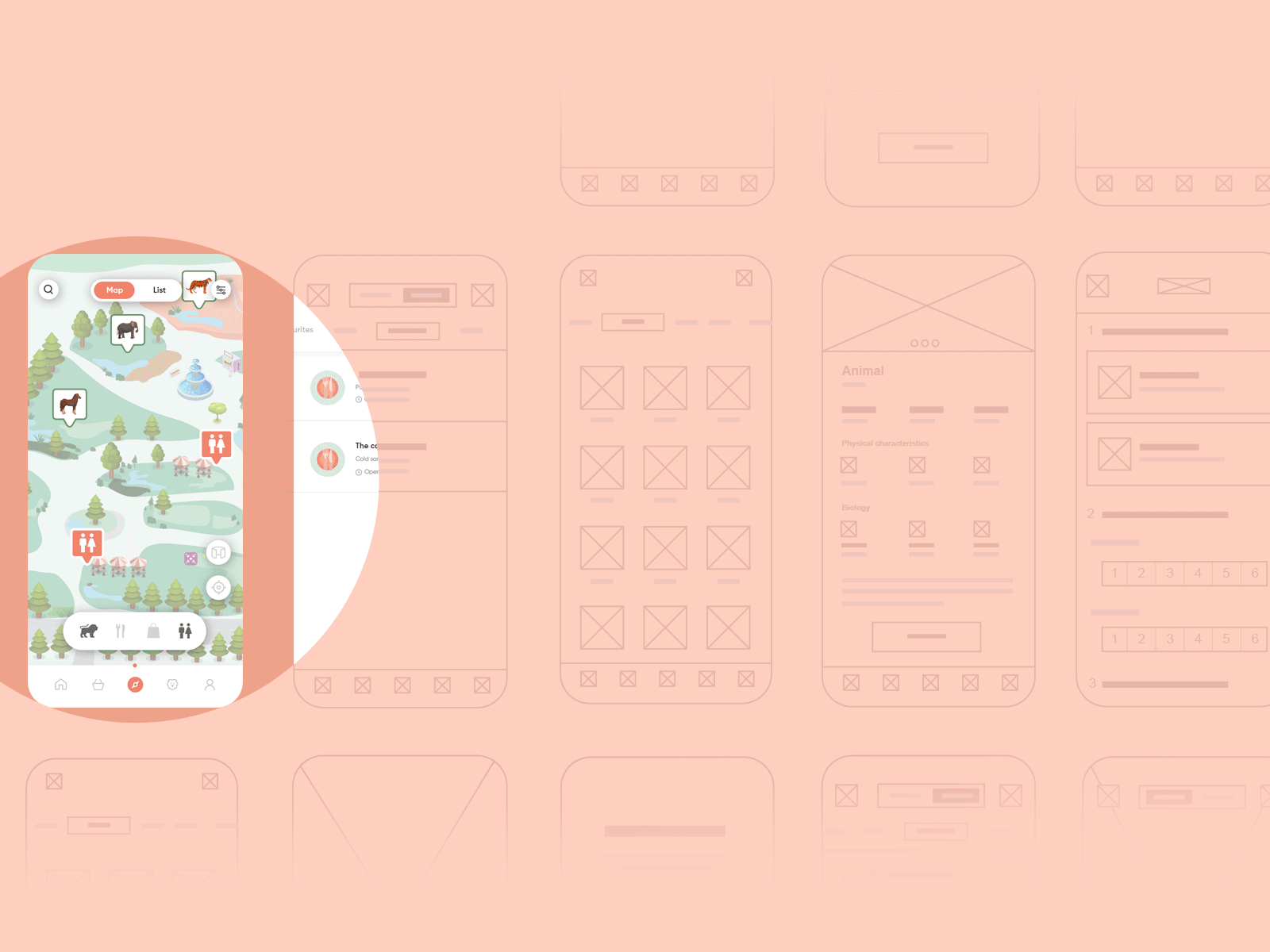 ZOO App - UX UI - Wireframes animal animation app button character design icon illustration landing menu mobile motion ui ux wireframe wireframes zoo