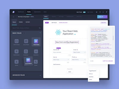 Form Automation Software: Creating a Form dark mode dark theme dark ui drag and drop field fields form form builder form design form elements form fields forms forms creation front end front end development html css product design react reactjs workflow