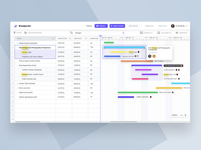 Woodpecker: Gantt Chart and Table View Hybrid for PM SaaS b2b cloud app collaboration excel front end gantt gantt chart pm product design project management react reactjs saas sheets status table table view userinterface uxui views
