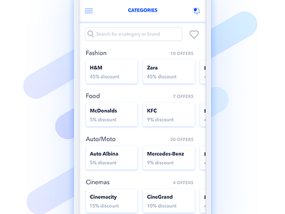Homescreen - Discounts app auto brand brands categories cinemas discount fashion food homescreen mobile offers sketch