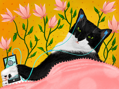 My lovely cat. cat decorative digital floral flowers fur furry illustrations ipad music pink plants procreate tablet vegetation