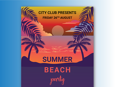 summer beach party flyer design beach branding cloud flyer illustration landing page modern party party flyer sea summer sun sunset travel trees
