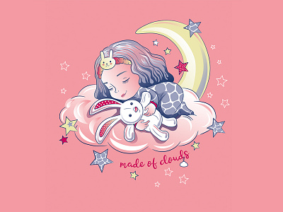 Sleeping Girl on the moon bunny clothes cute digitalart drawing dream girl graphicdesign illustration moon night pijama print design sleep stars toys