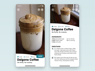 Daily UI 040—Recipe app app design daily daily 040 daily ui daily ui 040 dailyui dailyuichallenge dalgona coffee delish design figma interface recipe ui ui design whipped coffee