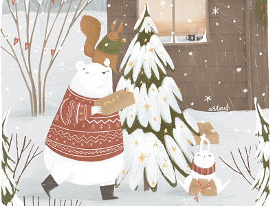 Chistmas mood character character design christmas christmas tree cozy decoration illustration polar bear stars