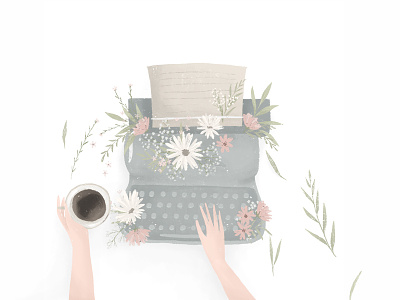 Typewriter coffee flatlay flowers hands illustration typewriter
