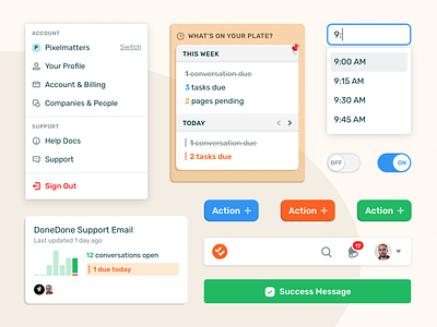DoneDone 2 • Components account avatar buttons card cards clean designsystem dropdown emoji favorites icons illustration menu minimal navigation product statistics success toggle webapp