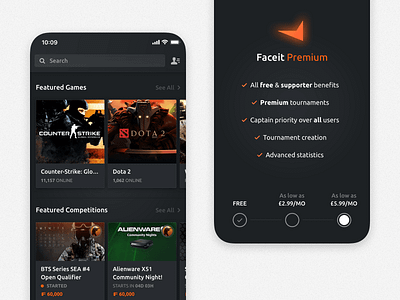 FaceIT • Dashboard android app cards dark dark ui dashboard details esports featured featured cards game gaming interaction ios native overview product skeumorphism texture webapp